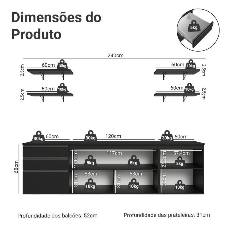 Armário de cozinha completa 240 cm suspenso preto nice madesa 10