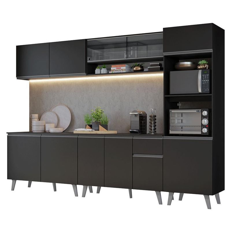Armário de cozinha completa 300 cm preto nice madesa 01