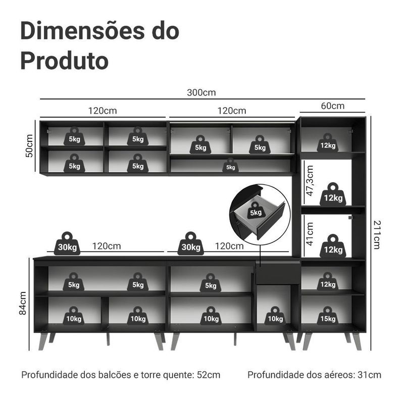 Armário de cozinha completa 300 cm preto nice madesa 01