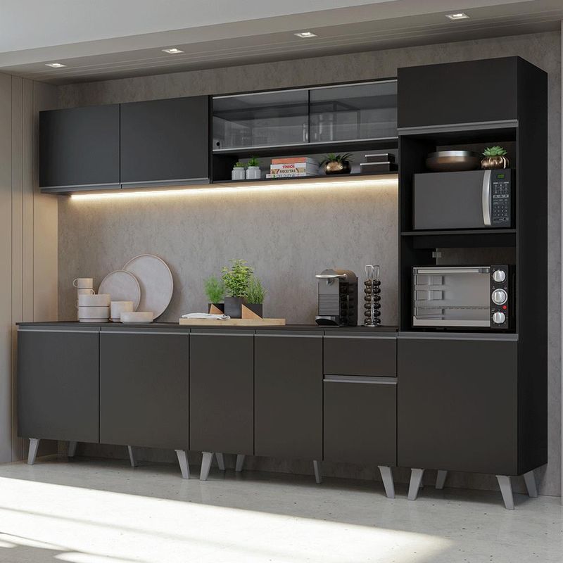 Armário de cozinha completa 300 cm preto nice madesa 01