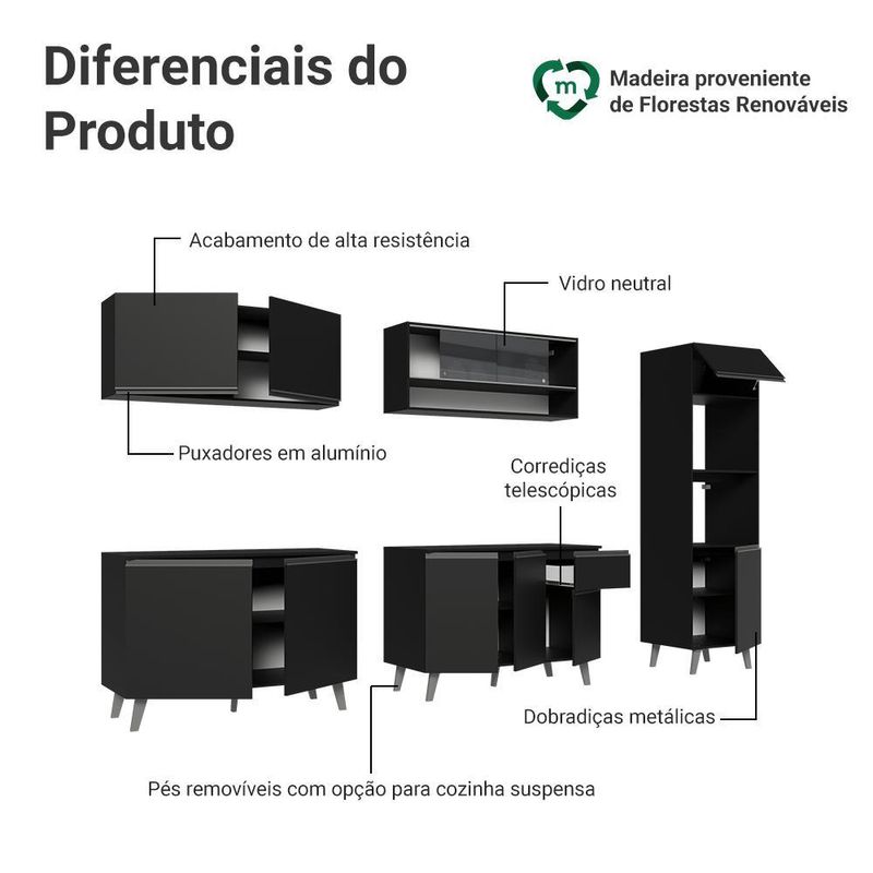 Armário de cozinha completa 300 cm preto nice madesa 01