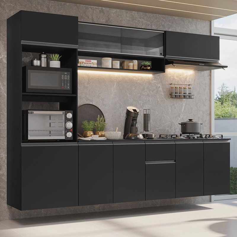 Armário de cozinha completa 260 cm suspenso preto nice madesa 014