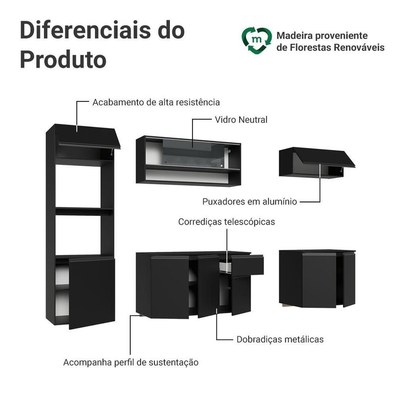 Armário de cozinha completa 260 cm suspenso preto nice madesa 014