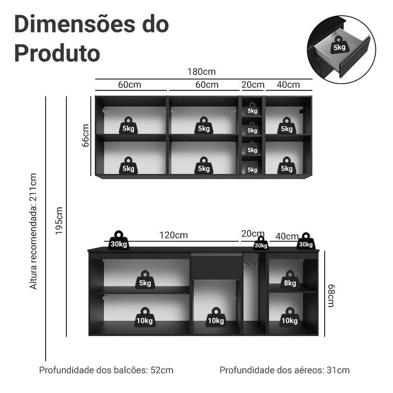 Armário de cozinha compacta 180 cm suspenso preto nice madesa 04