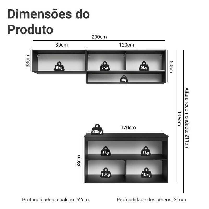 Armário de cozinha compacta 200 cm suspenso preto nice madesa 08