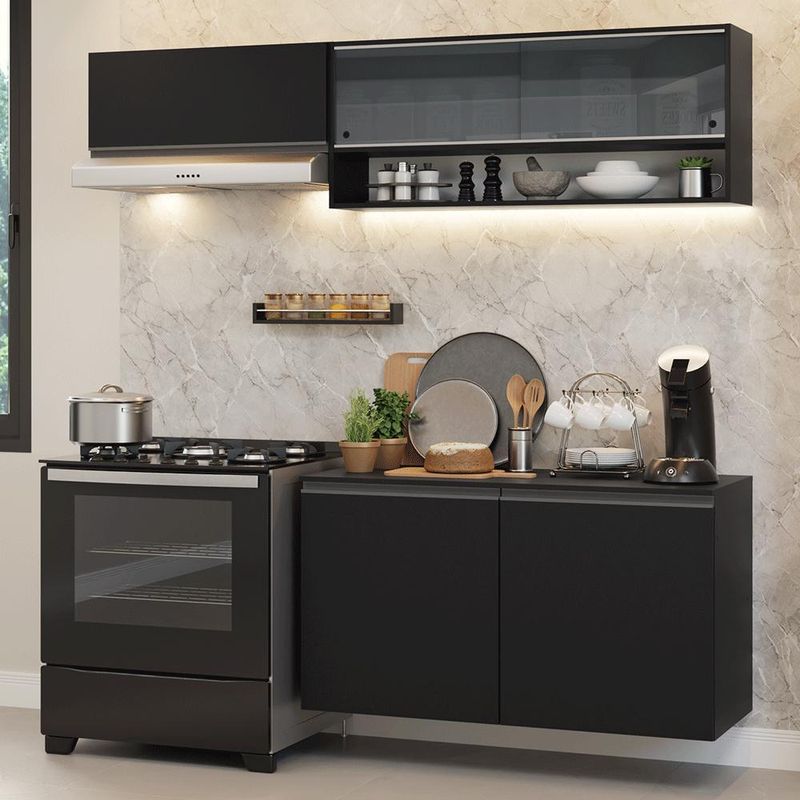 Armário de cozinha compacta 200 cm suspenso preto nice madesa 08
