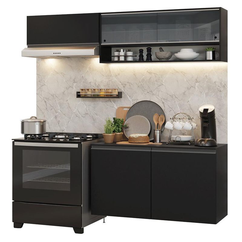 Armário de cozinha compacta 200 cm suspenso preto nice madesa 08