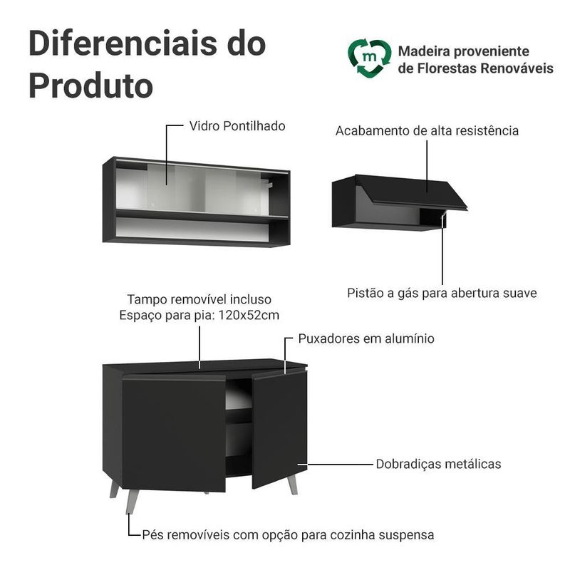 Armário de cozinha compacta 200 cm preto nice madesa 09 xa