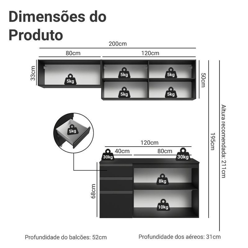 Armário de cozinha compacta 200 cm suspenso preto nice madesa 05