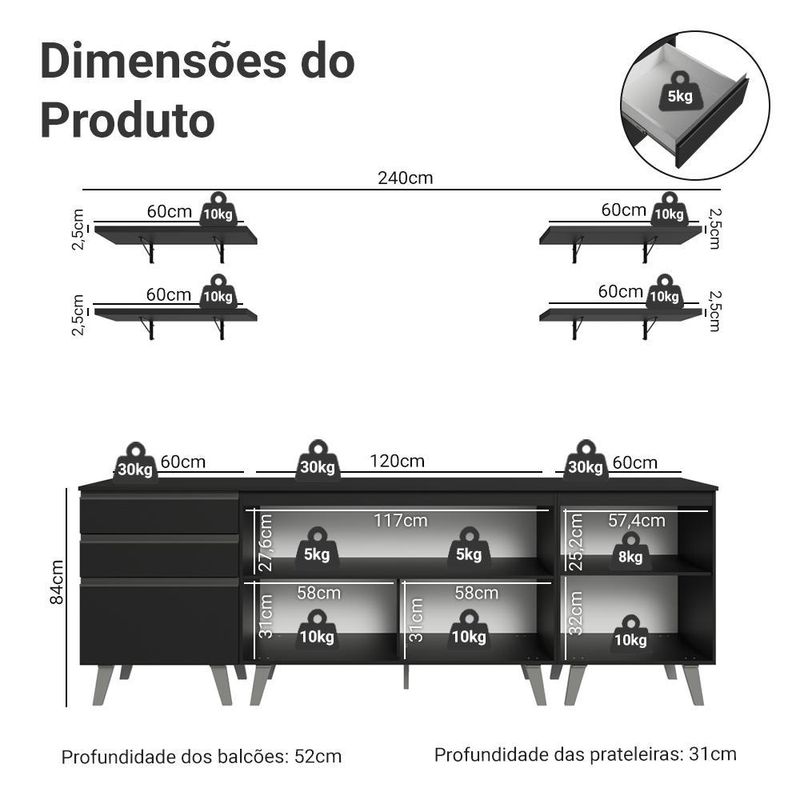 Armário de cozinha completa 240 cm preto nice madesa 01
