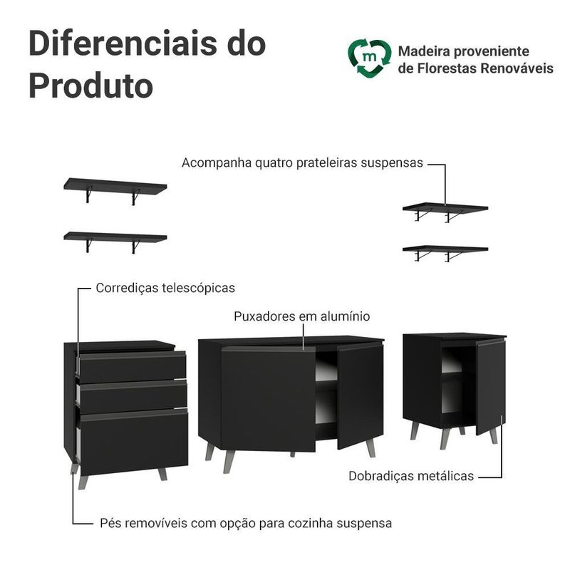 Armário de cozinha completa 240 cm preto nice madesa 01