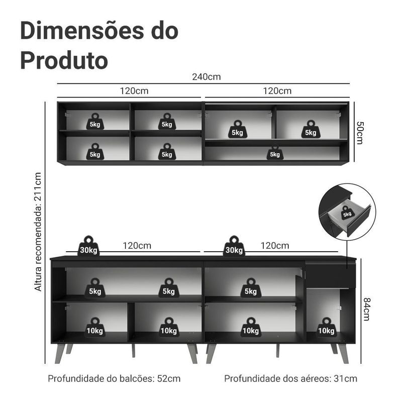 Armário de cozinha completa 260 cm preto nice madesa 03
