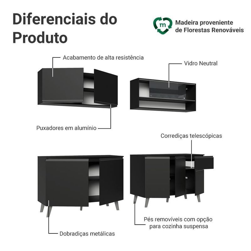 Armário de cozinha completa 260 cm preto nice madesa 03