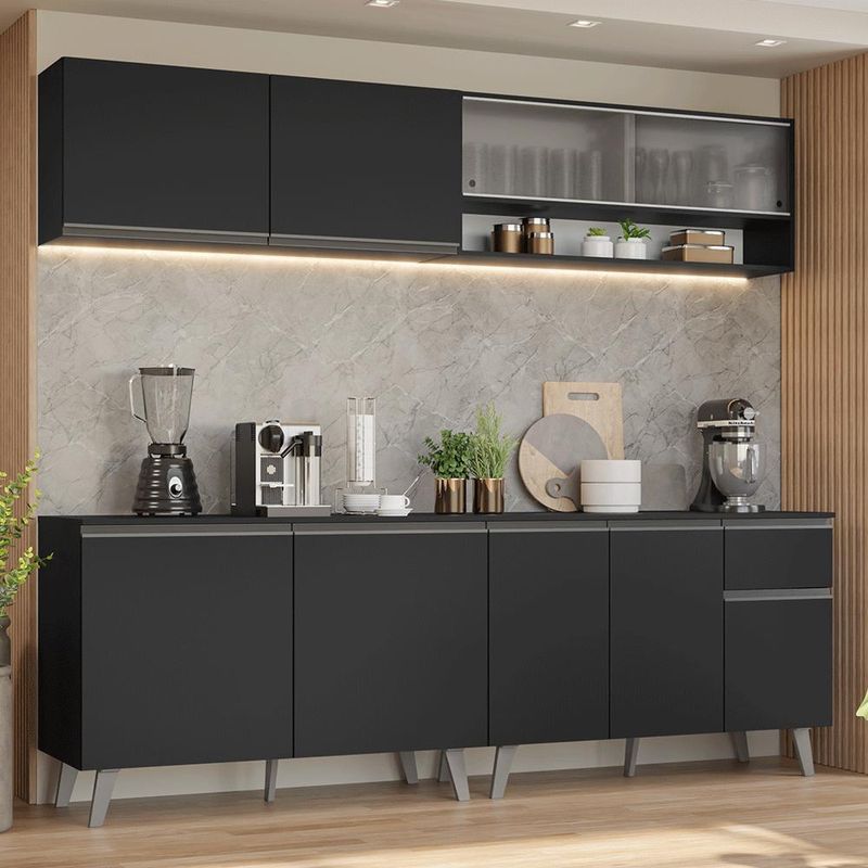 Armário de cozinha completa 260 cm preto nice madesa 02