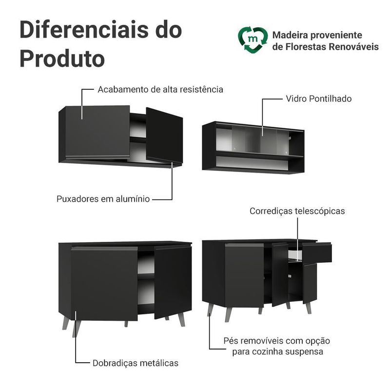 Armário de cozinha completa 260 cm preto nice madesa 02