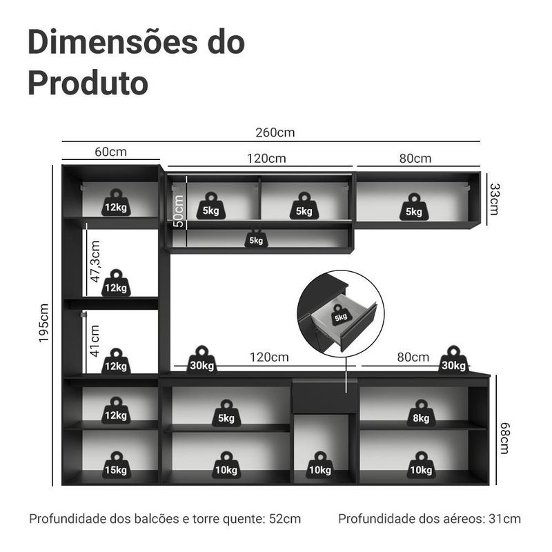 Armário de cozinha completa 260 cm suspenso preto nice madesa 015