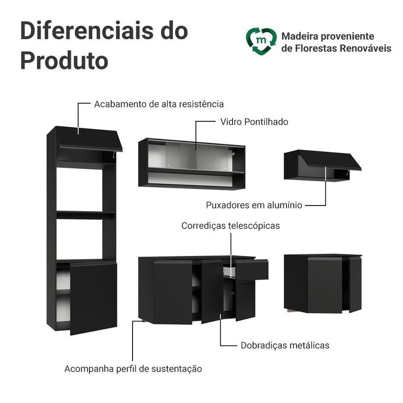 Armário de cozinha completa 260 cm suspenso preto nice madesa 015