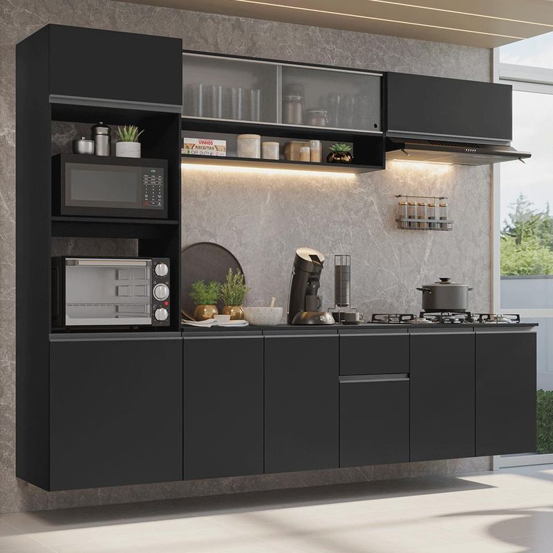 Armário de cozinha completa 260 cm suspenso preto nice madesa 015