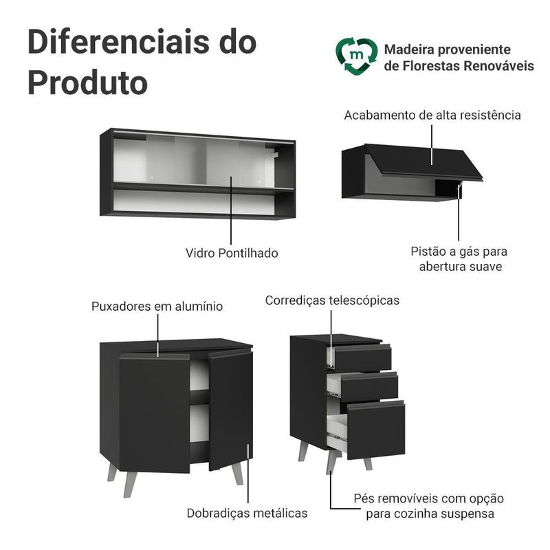 Armário de cozinha compacta 200 cm preto nice madesa 13 xa