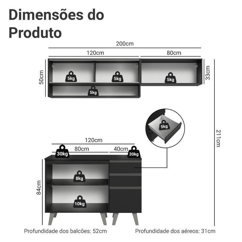 Armário de cozinha compacta 200 cm preto nice madesa 13 xa