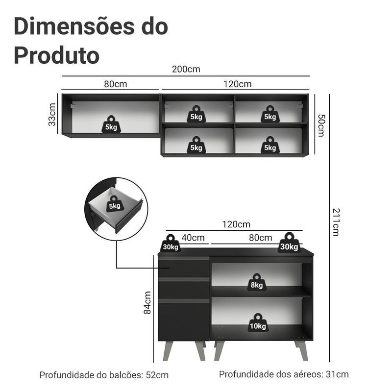 Armário de cozinha compacta 200 cm preto nice madesa 06