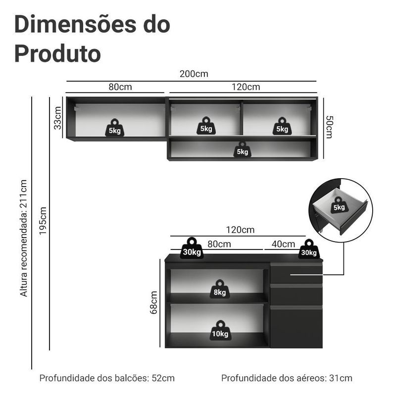 Armário de cozinha compacta 200 cm suspenso preto nice madesa 11