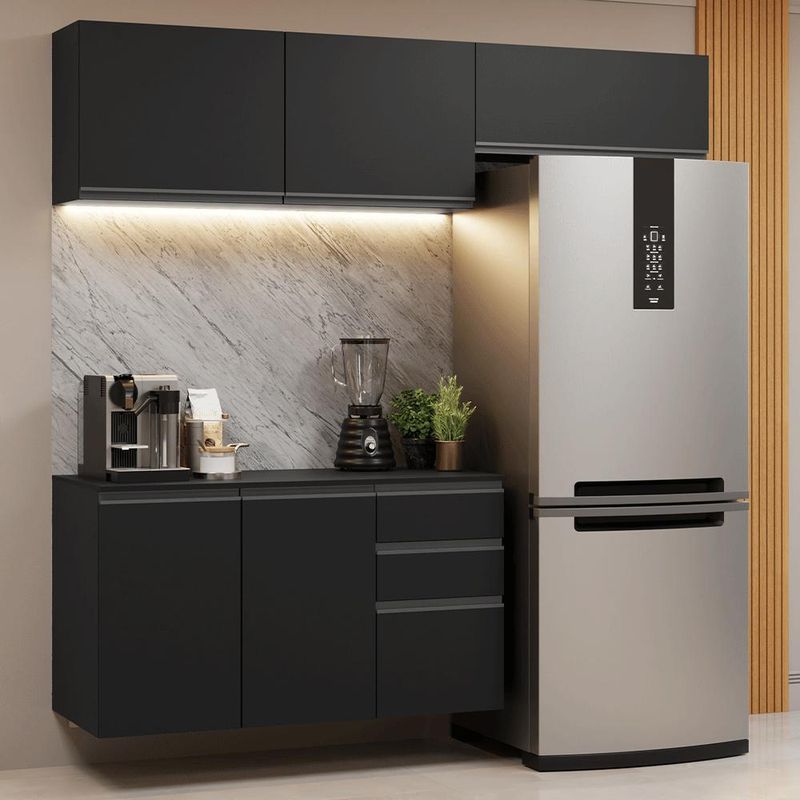 Armário de cozinha compacta 200 cm suspenso preto nice madesa 05 xa