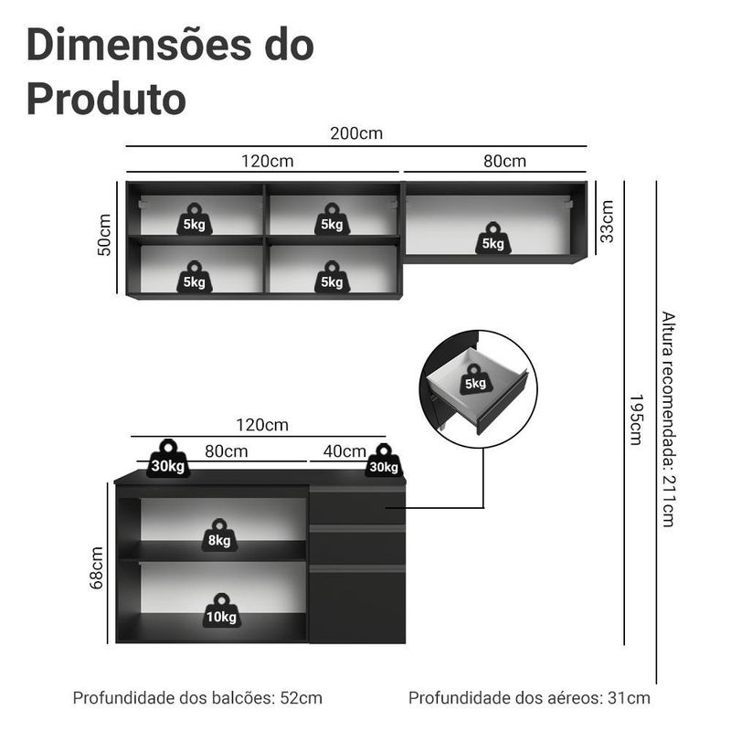 Armário de cozinha compacta 200 cm suspenso preto nice madesa 05 xa