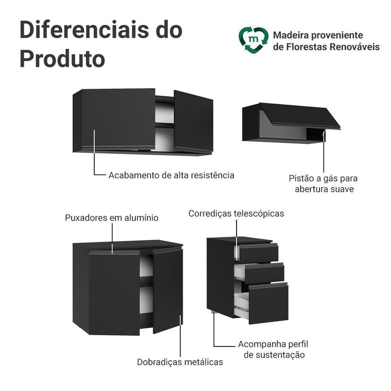 Armário de cozinha compacta 200 cm suspenso preto nice madesa 05 xa