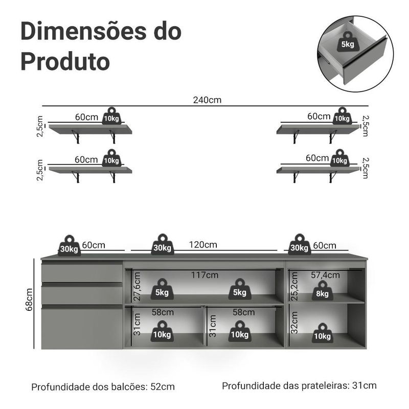 Armário de cozinha completa 240cm suspensa cinza nice madesa 10