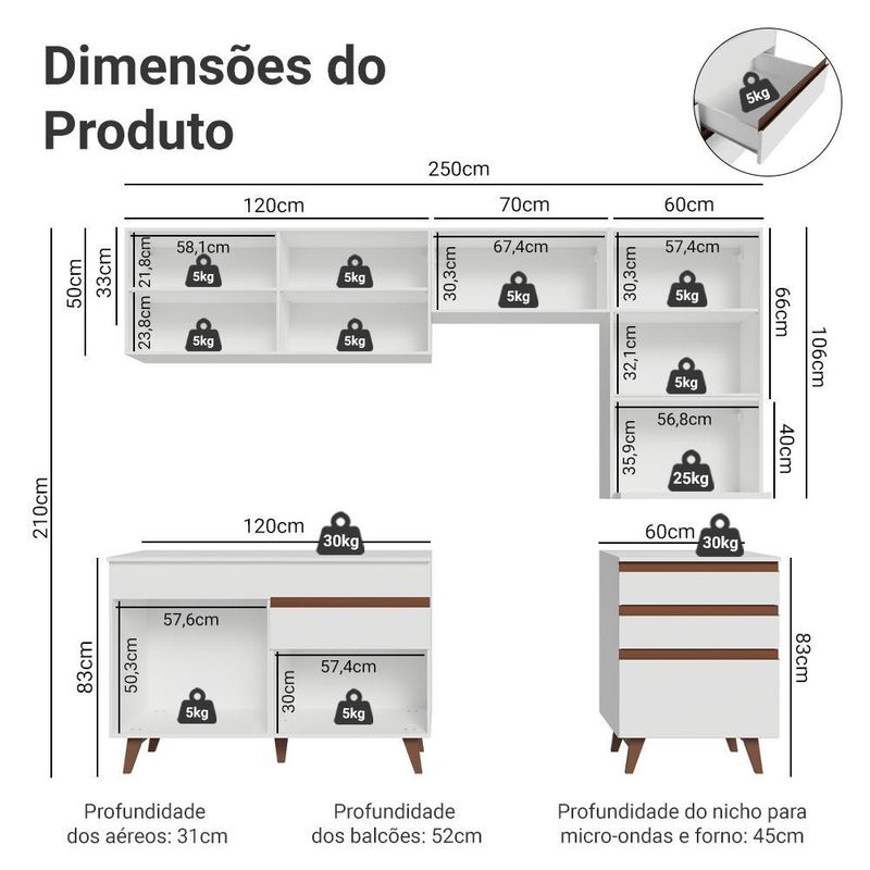 Armário de cozinha completa 250cm branco reims madesa 07