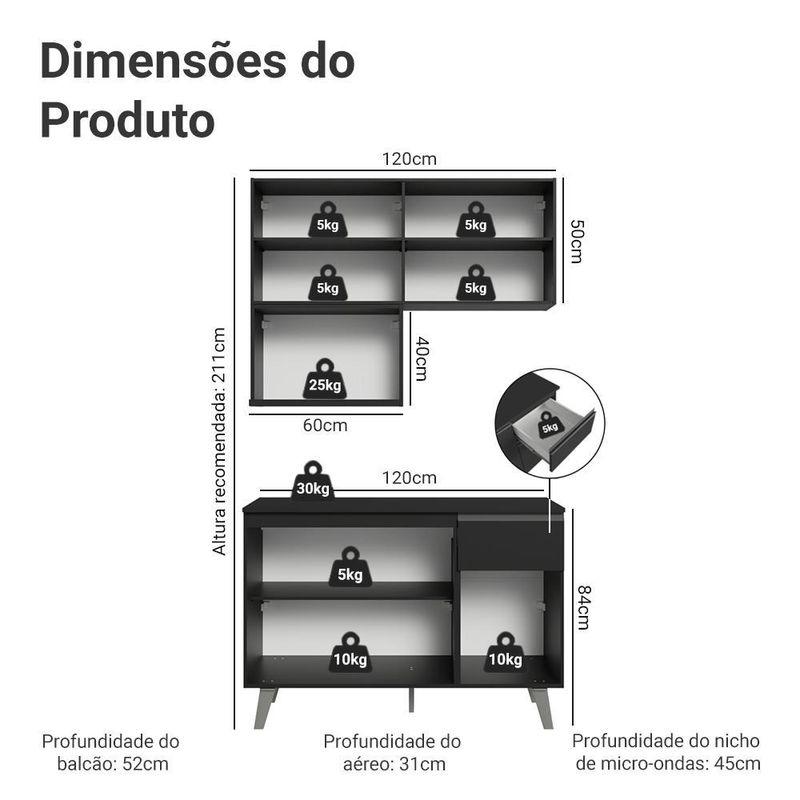 Armário de cozinha compacta 120 cm preto nice madesa 05