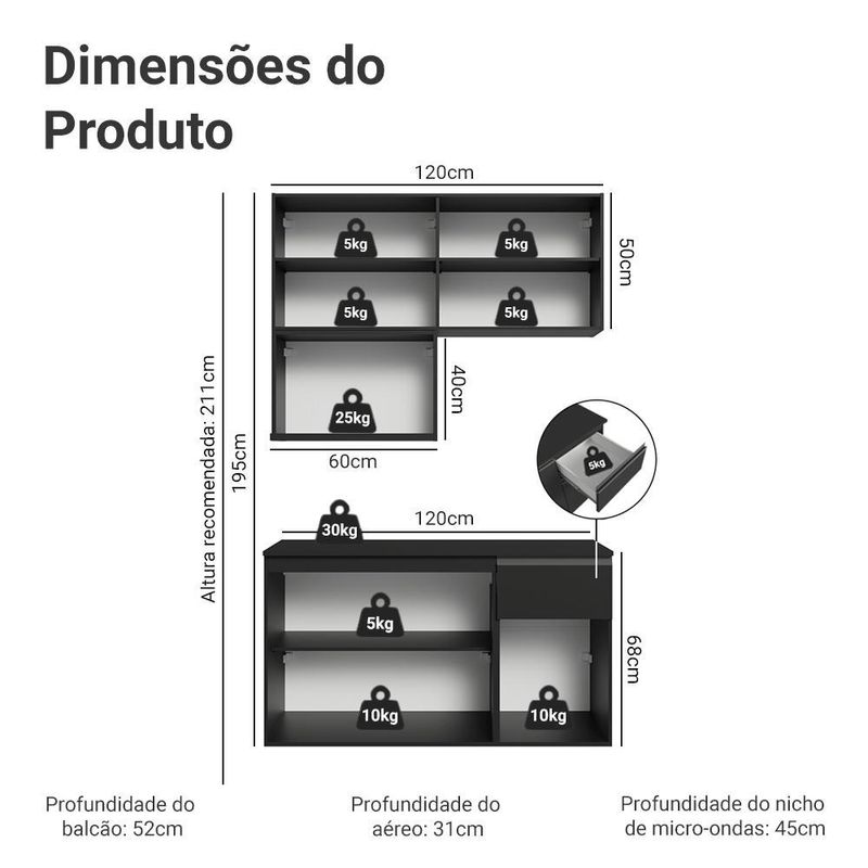 Armário de cozinha compacta 120 cm suspenso preto nice madesa 06
