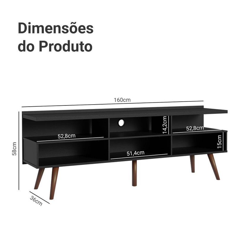 Rack para tv até 65 polegadas com pés retro preto londres madesa