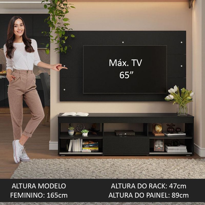 Rack com painel para tv até 65 polegadas preto orlando madesa