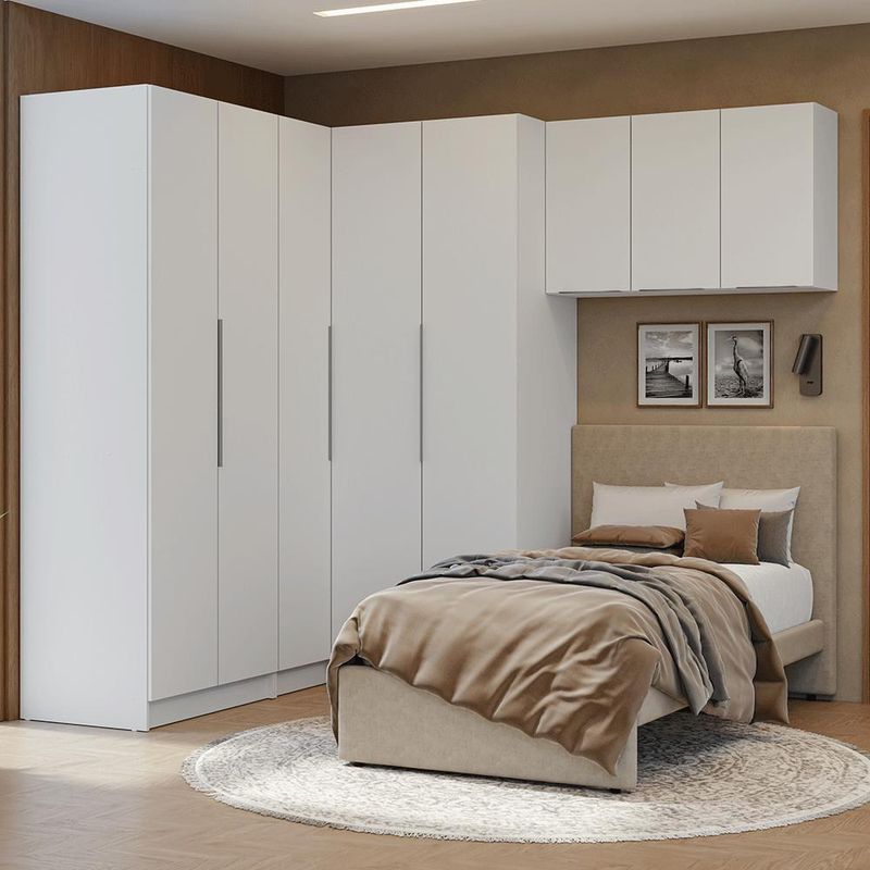 Quarto completo solteiro de canto 415 cm branco neo madesa