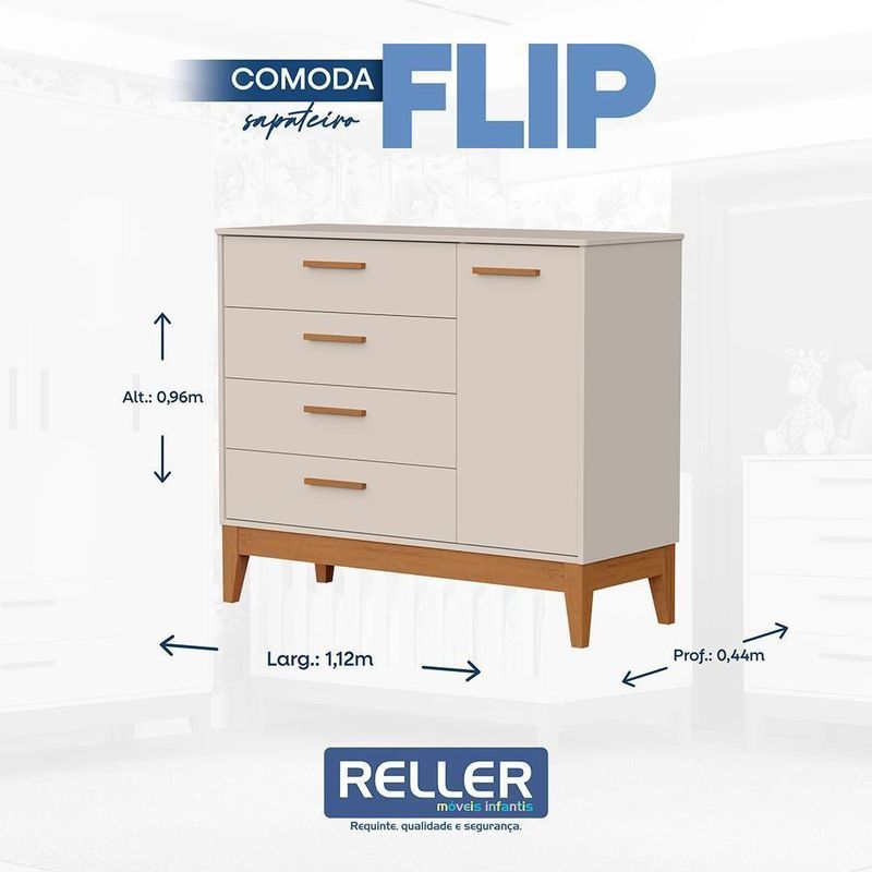Jogo de Quarto Infantil Flip Cômoda 1 Porta 4 Gavetas MDF 112 cm Areia Fosco Reller Móveis