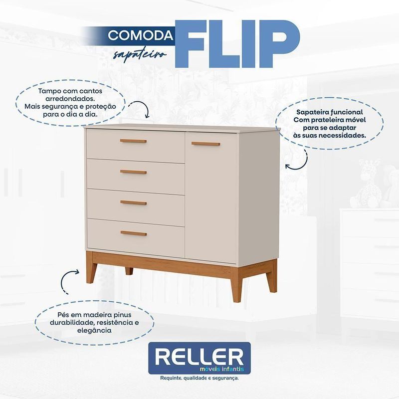 Jogo de Quarto Infantil Flip Cômoda 1 Porta 4 Gavetas MDF 112 cm Areia Fosco Reller Móveis