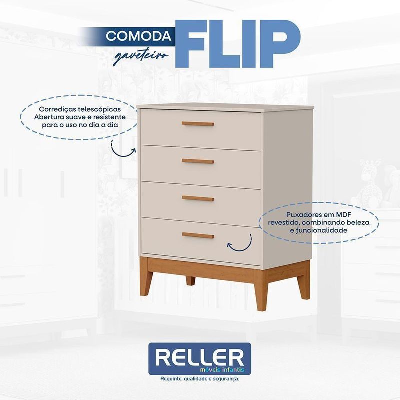 Jogo de Quarto Infantil Flip com Cômoda 4 Gavetas em MDF Bege Reller Móveis