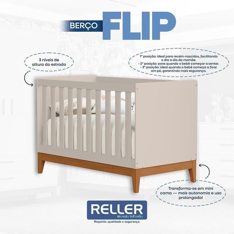 Jogo de Quarto Infantil Flip com Cômoda 4 Gavetas em MDF Bege Reller Móveis
