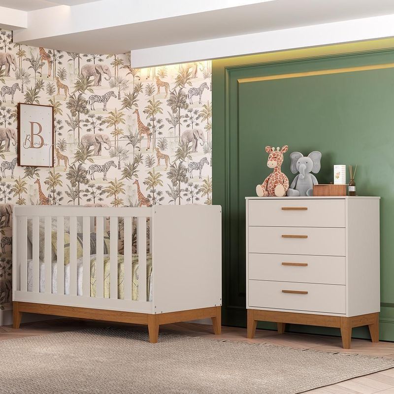 Jogo de Quarto Infantil Flip com Cômoda 4 Gavetas em MDF Bege Reller Móveis