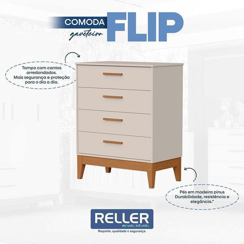 Jogo de Quarto Infantil Flip com Cômoda 4 Gavetas em MDF Bege Reller Móveis