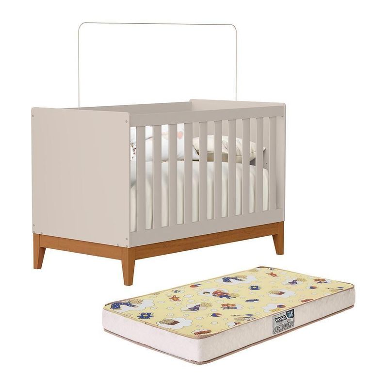 Berço Americano Mini Cama Flip com Colchão Supreme em MDF Bege Fosco com Regulagem de Altura