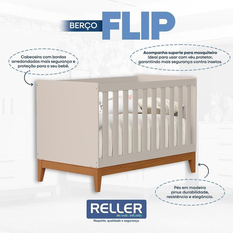 Berço Americano Mini Cama Flip com Colchão Supreme em MDF Bege Fosco com Regulagem de Altura