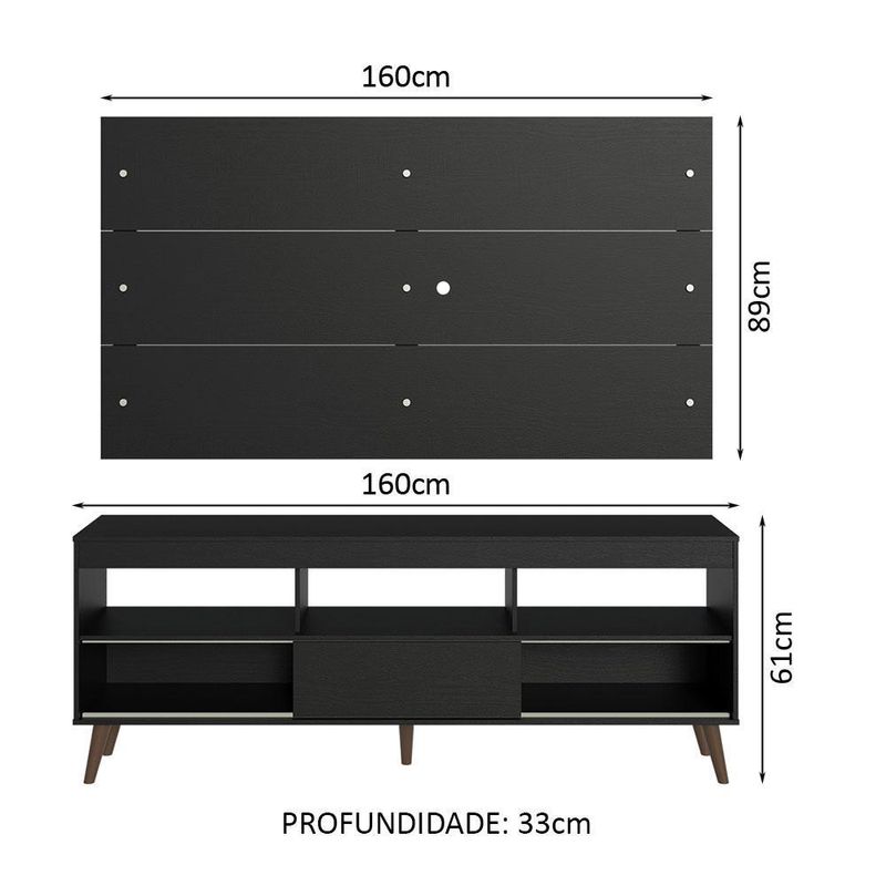 Rack com painel para tv até 65 polegadas com pés preto detroit madesa