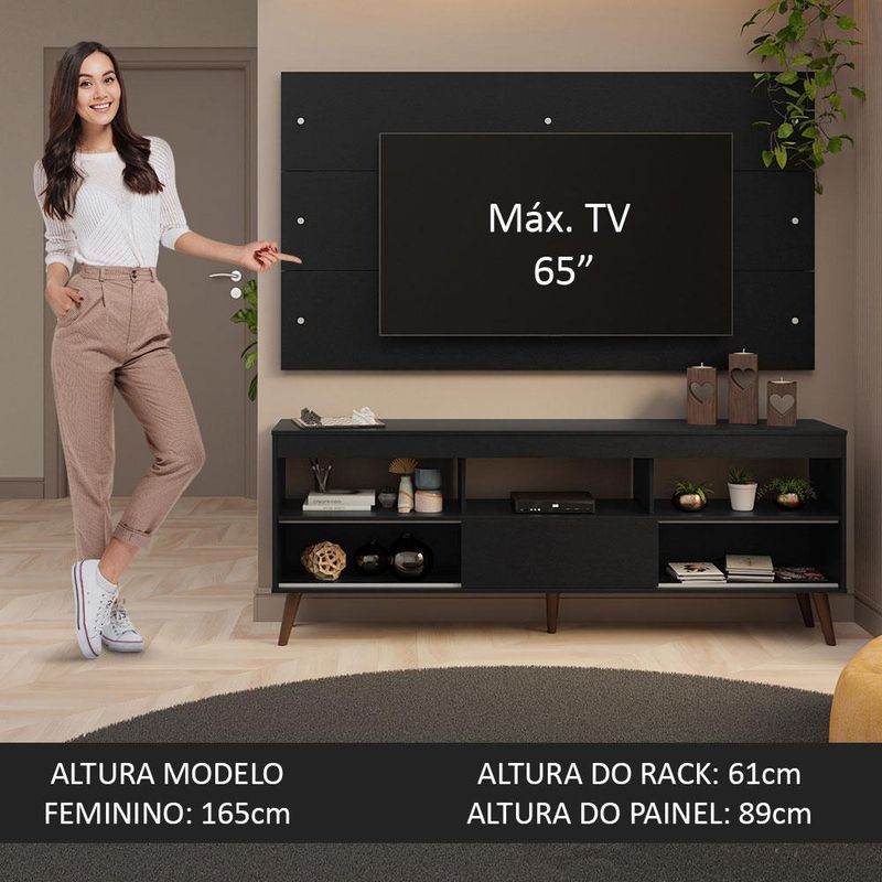 Rack com painel para tv até 65 polegadas com pés preto detroit madesa