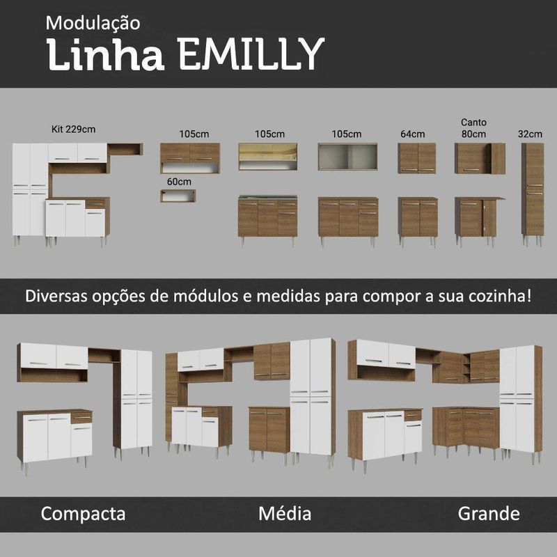 Kit com armário aéreo e balcão 64cm emilly madesa