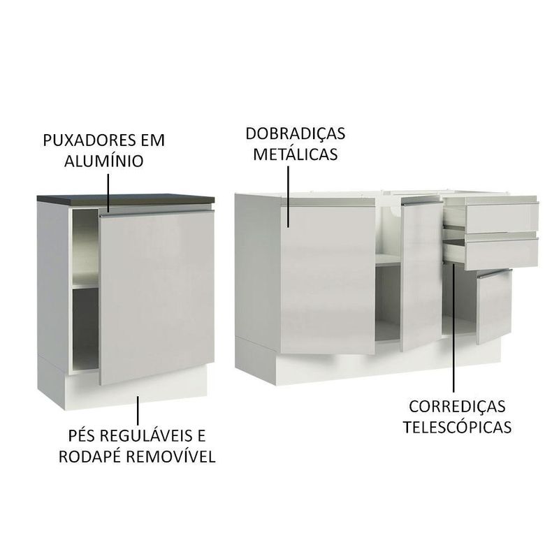 Kit com 2 balcões de cozinha madesa acordes 100% mdf (sem tampo e pia) frentes branco brilho