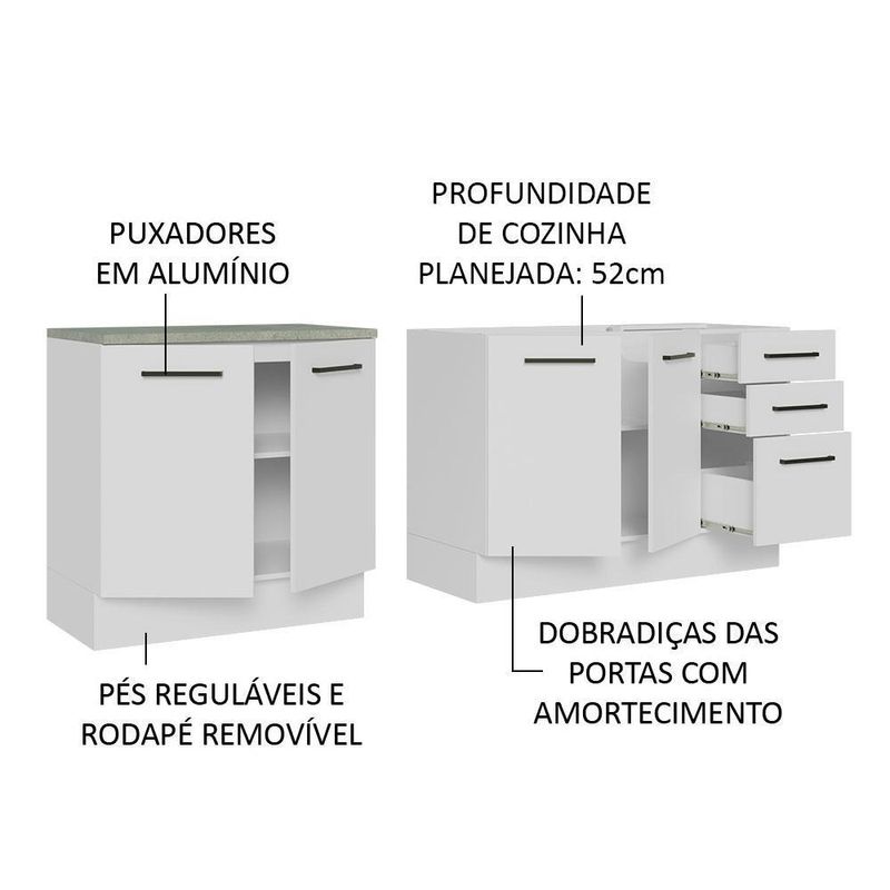 Kit com 2 balcões de cozinha madesa agata 3 gavetas 4 portas (sem tampo e pia) - branco