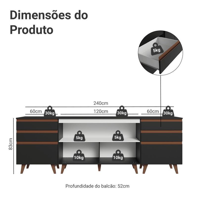 Kit com três balcões de cozinha 2 portas 6 gavetas (com tampo) preto reims madesa